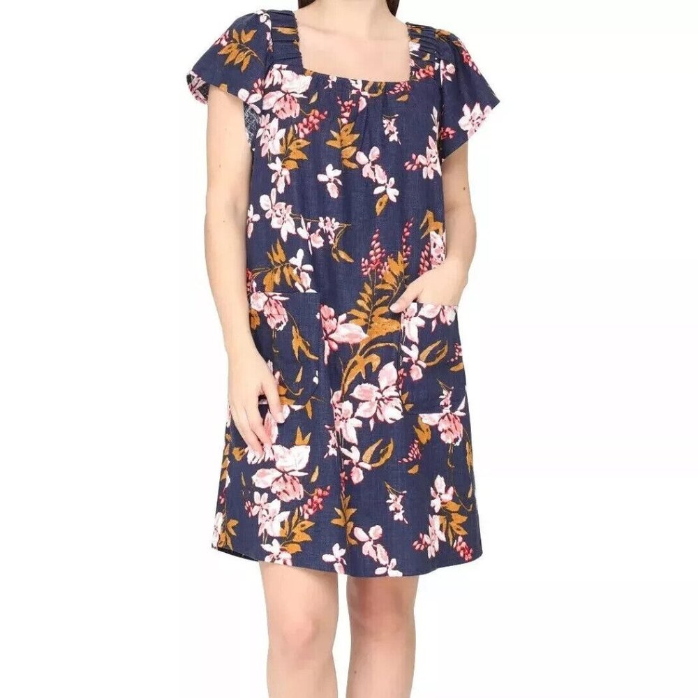 Nicole Miller Women's Size Large Pockets Floral Linen Blend Short Sleeve Dress
